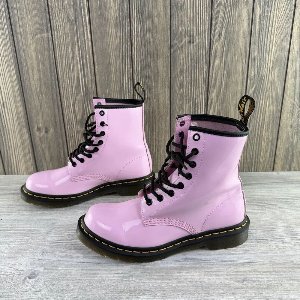Dr Doc Martens Pink Black Combat Boots Barbie Patent Leather Women Size 7